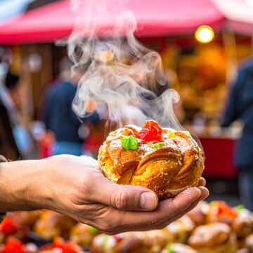 Hand holding a freshly baked, steaming sweet bun with candied fruit at an outdoor market.