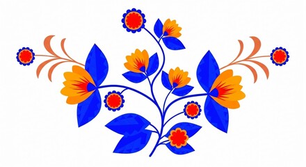 Fototapeta premium Mexican folk art floral illustration for Cinco de Mayo, traditional Otomi inspired vector design with vibrant blue and orange blooms, festive cultural ornament on white background.