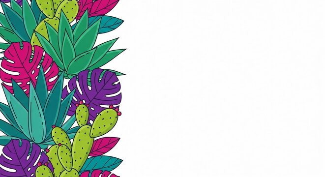 Colorful Mexican cactus and agave border for Cinco de Mayo, vibrant tropical monstera leaves illustration, festive botanical frame design, summer desert plant vector background.