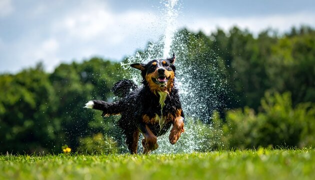 Happy Bernese Mountain Dog Running Through Water Sprinkler on Green Grass Field.