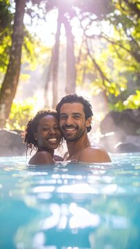 Happy diverse couple enjoying a relaxing swim in a natural hot spring surrounded by lush green forest and sunbeams.