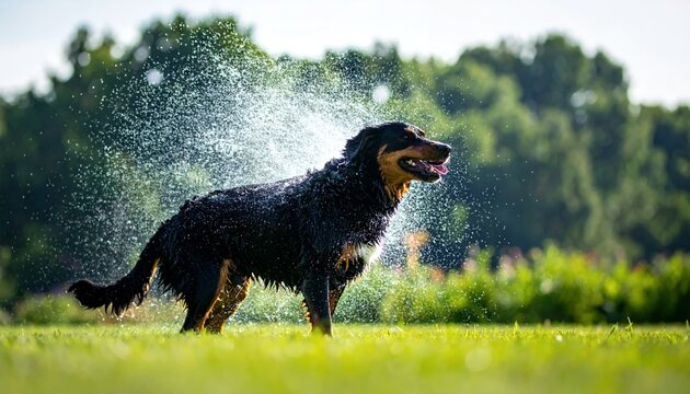 Happy dog shaking off water after a swim in a lush green field on a sunny day.
