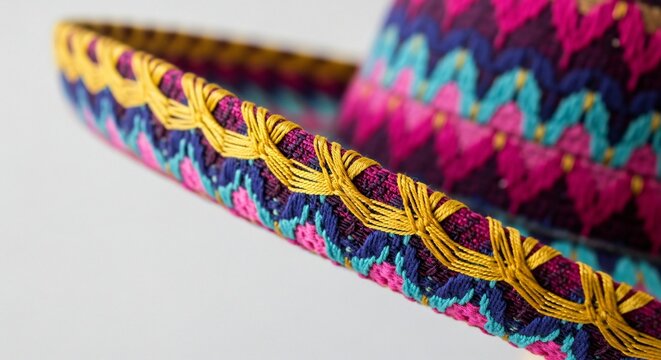 Mexican sombrero brim with intricate yellow embroidery, vibrant pink and purple woven zigzag patterns, traditional festive hat close-up for Cinco de Mayo and cultural celebrations.