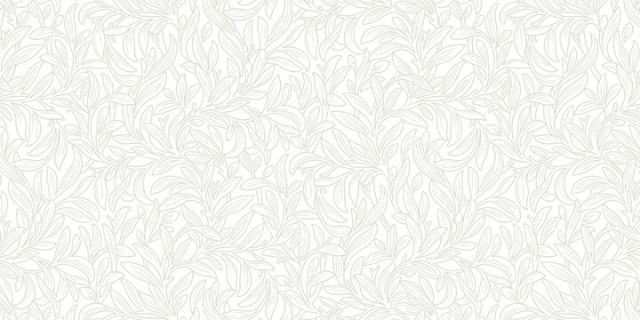 Seamless elegant beige floral pattern with delicate botanical leaves on a light background, ideal for wallpaper or textile design.