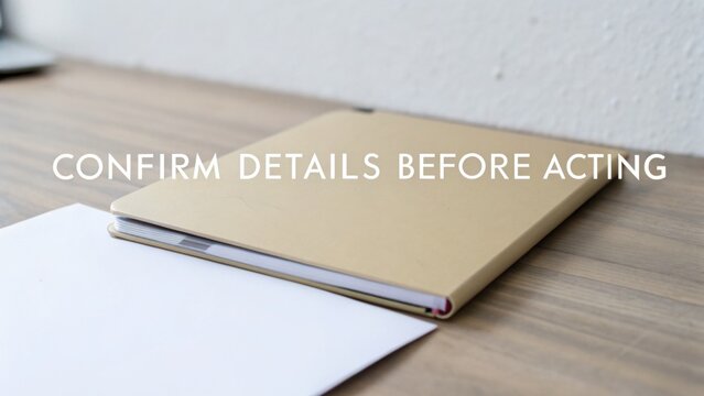 Minimalistic workspace with a notebook and a blank sheet emphasizing the importance of confirming details before taking action