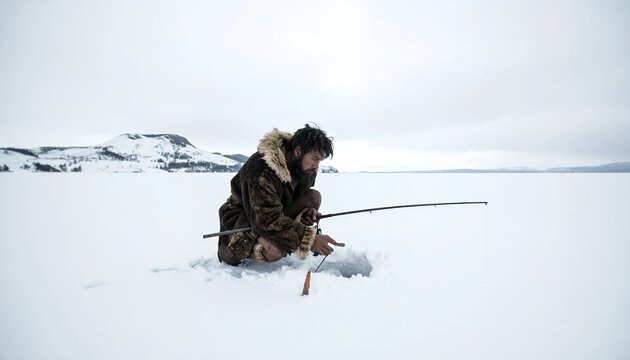 Man Ice Fishing in Arctic Landscape.