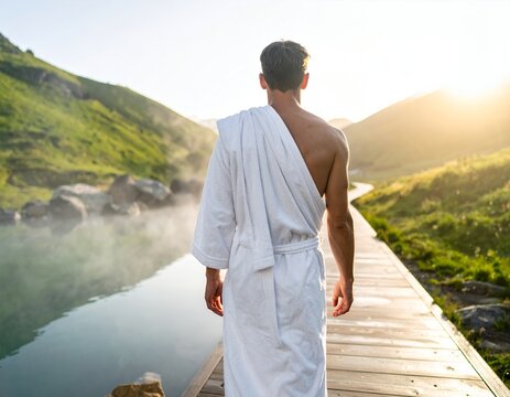 Man in White Robe Walking on Wooden Path by Steaming Lake in Mountains.