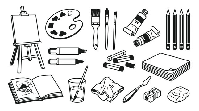 Art studio painting tools doodle kit including easel and brushes for artistic creativity and professional painter education concept