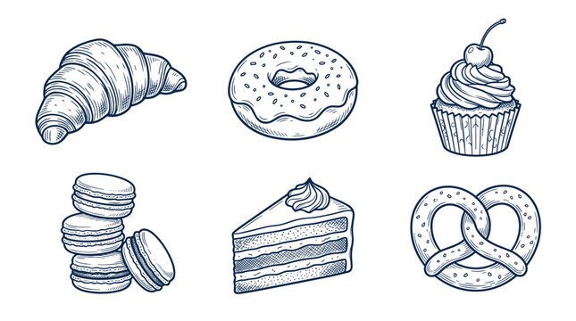 Set of bakery pastries and sweets doodles featuring croissant donut and cupcake for cafe menu and dessert shop branding concept