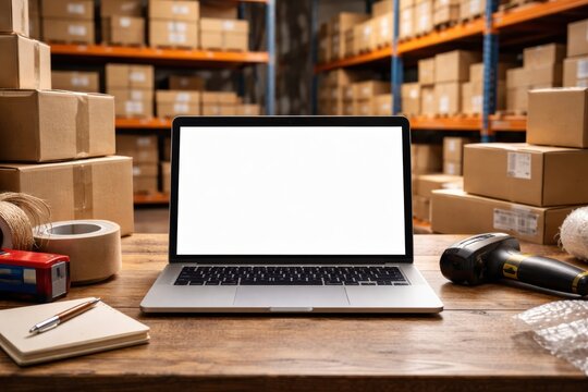 Laptop on cluttered warehouse desk with cardboard boxes and shipping supplies for e-commerce logistics