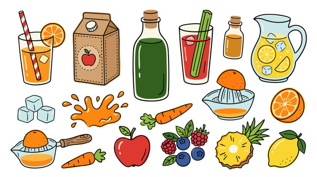 Naive fresh juice elements flat color set with tropical fruits and juicer for healthy diet and organic refreshment concept