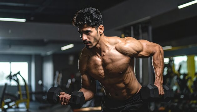 Muscular Man Engaged in Intense Dumbbell Workout at Modern Gym.