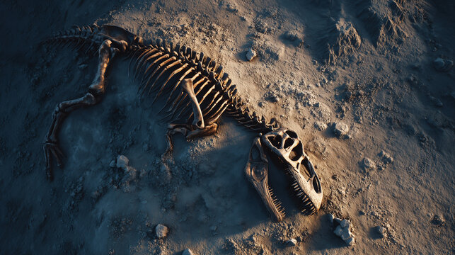 Top view of a partially buried dinosaur skeleton fossil in soil, revealing ancient bones and textures, concept of paleontology and prehistoric discovery.