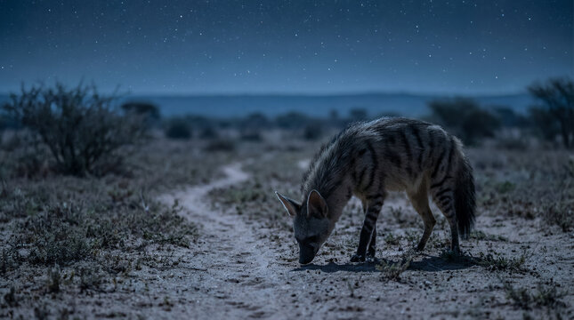 Aardwolf Foraging for Termites Under Starlit Sky