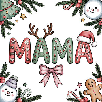 Christmas Holiday Decoration Featuring Festive Typography with Reindeer, Snowman, and Gingerbread Illustrations for Family Celebrations