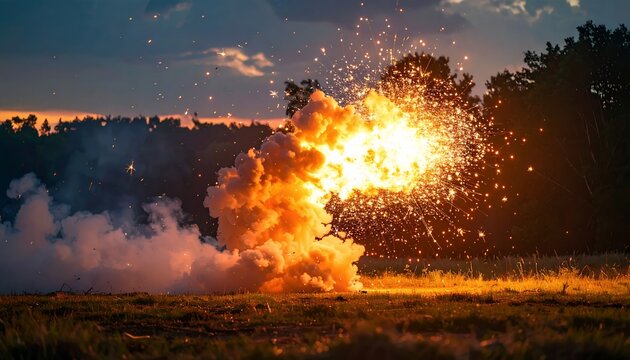 Powerful explosion erupts in a field at dusk, sending a fiery blast and smoke into the air with sparks flying.