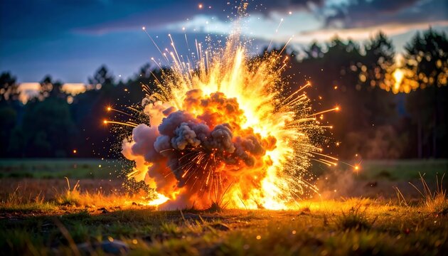 Powerful explosion erupts in an open field at dusk, sending flames and smoke high into the air, creating a dramatic and intense visual spectacle.