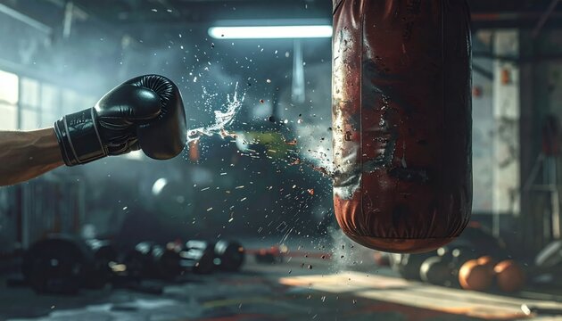 Powerful Punch on a Wet Punching Bag in a Gritty Gym.