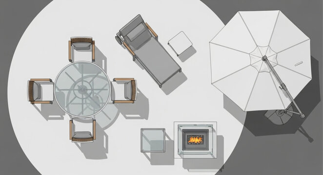 Outdoor patio furniture set with umbrella and fire pit.