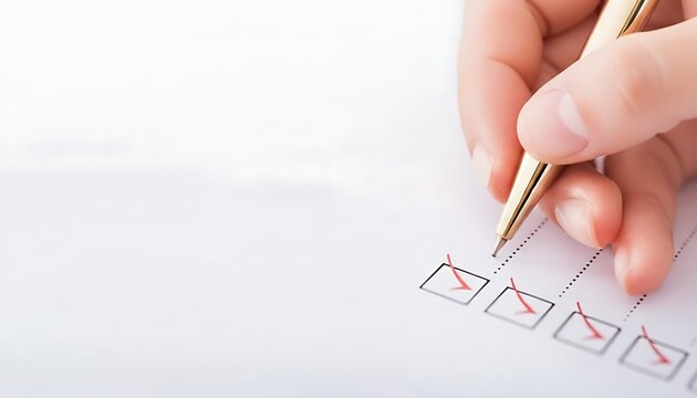 Close up of hand using a gold pen to check boxes on a white checklist