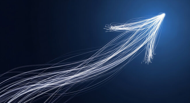 A glowing white arrow rises upward in a dark blue background with streaks of light.