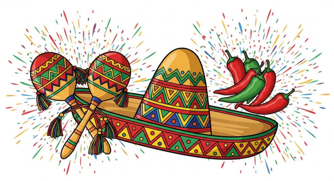 Vibrant sombrero with maracas and chili peppers on white background with colorful confetti