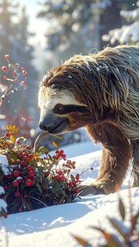 Sloth in Winter Wonderland - A Serene Encounter with Natures Slowest Creature Amidst Snow and Berries.