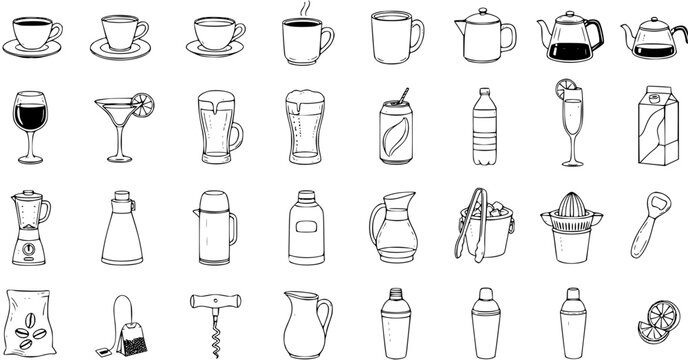 Drinks and Barware Vector Icon Set: Hand-Drawn Style for Food and Beverage Industry