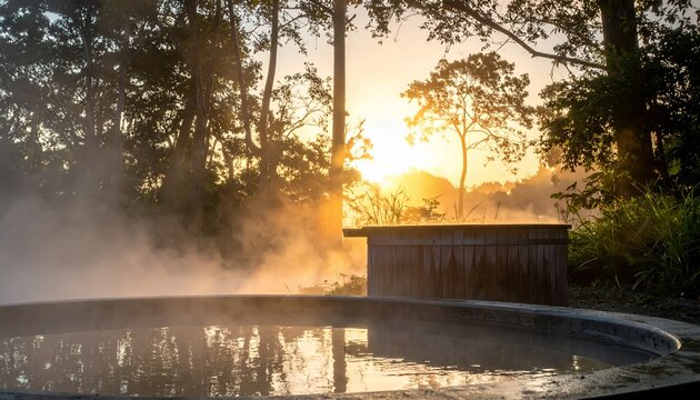 Steaming hot spring pool at sunrise with golden light filtering through trees.
