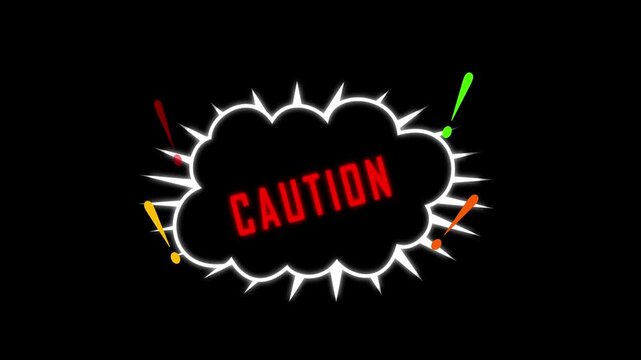 Dynamic explosive caution alert sign animation with electric sparks and bold red text on dark