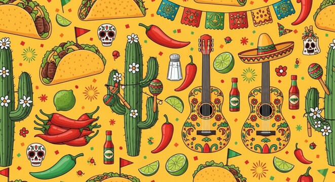 Vibrant mexican fiesta pattern with tacos cacti guitars and sombreros on yellow background