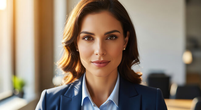 Close-up portrait of elegant businesswoman looking directly at camera indoors