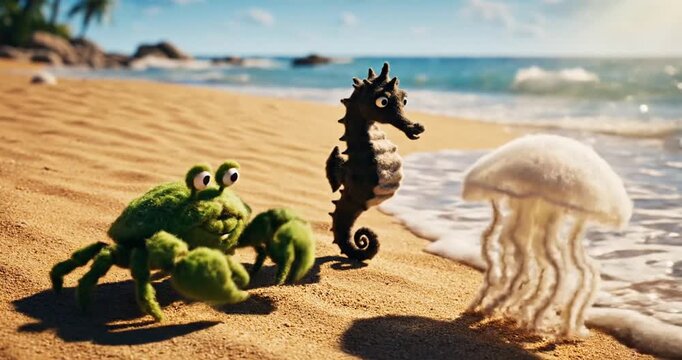 Colorful sea creatures including a crab, seahorse, and jellyfish on a sunny beach