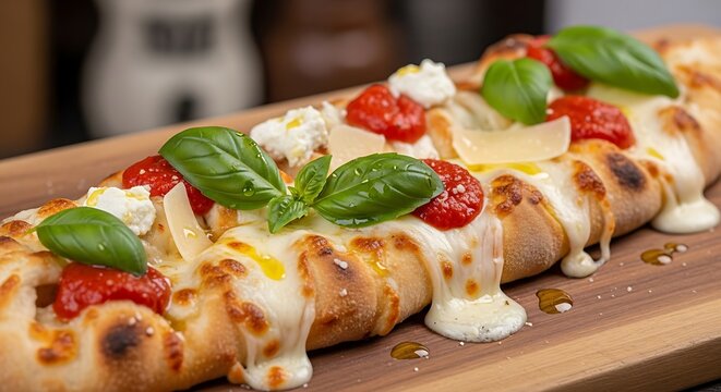 Delicious italian calzone with tomatoes cheese and basil on wooden board