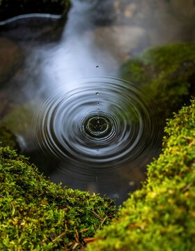 Water droplet creates perfect ripples in a serene moss-covered forest stream, reflecting the soft light and surrounding greenery.