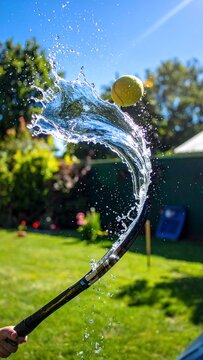 Water splashes from a hose, hitting a yellow ball in a sunny garden, creating a dynamic and refreshing summer scene.