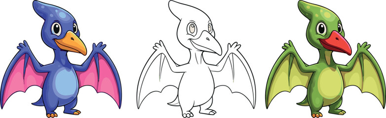 Cute pterodactyl dinosaur character set with cartoon colored and outline styles flying prehistoric creature vector illustration © MstTanzila