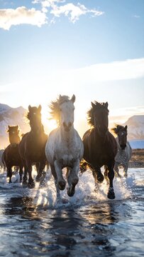 Wild horses running through water at sunset, majestic and free.