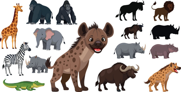 African animals collection with lion elephant giraffe zebra rhino hippo hyena gorilla buffalo crocodile silhouettes vector illustration set