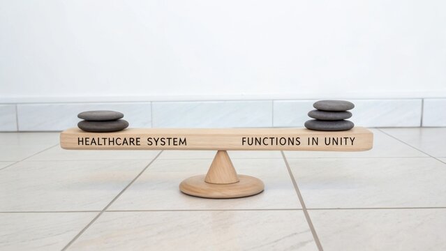 Wooden balance scale representing healthcare system functions in unity with stones on each side for stability and harmony