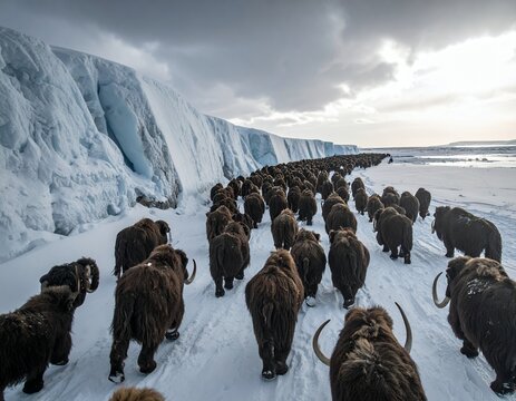 Woolly Mammoths Roaming a Snowy Arctic Landscape with Towering Ice Walls.