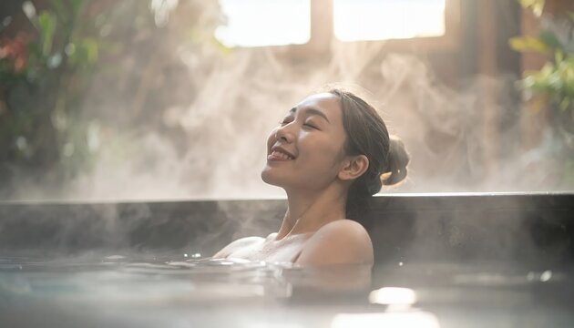 Young Asian woman relaxing in a hot spring bath with steam rising, enjoying a moment of tranquility and wellness.