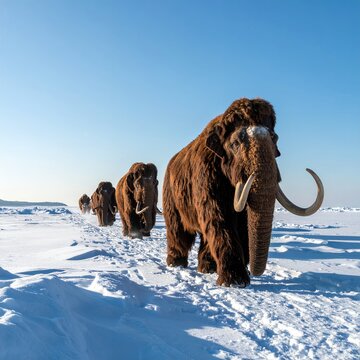 Woolly Mammoths Trekking Across a Vast, Snowy Arctic Landscape Under a Clear Blue Sky.