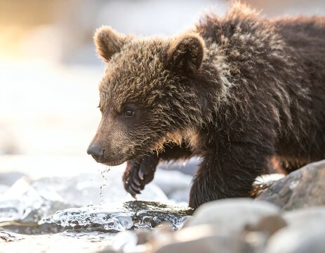 Young Grizzly Bear Cub Exploring Rocky Stream in Natural Habitat.