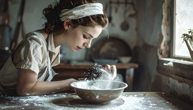 Young woman baking in a rustic kitchen, focused on mixing ingredients in a bowl.