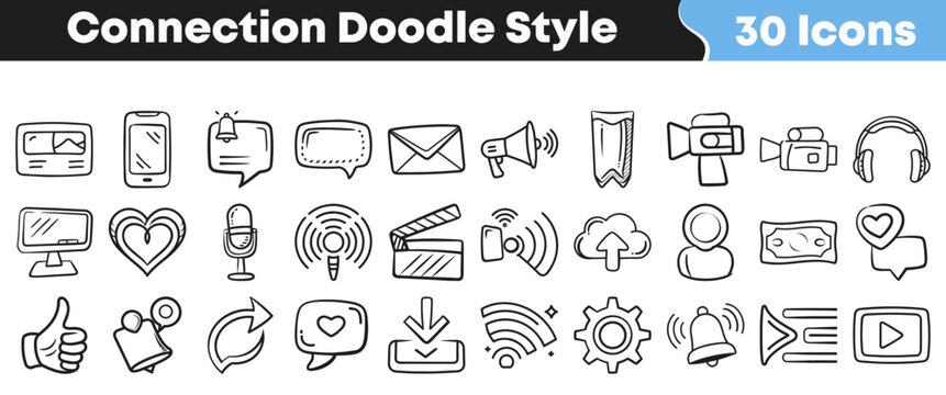 This diverse collection of hand-drawn doodle style icons represents connection, social media, and digital communication concepts for modern web design.
