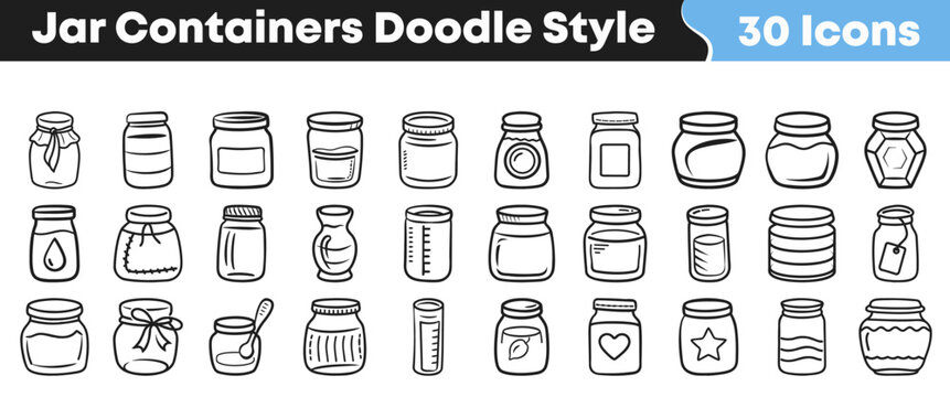 Hand drawn collection of thirty different glass jar containers illustrated in a simple creative doodle style for various graphic projects