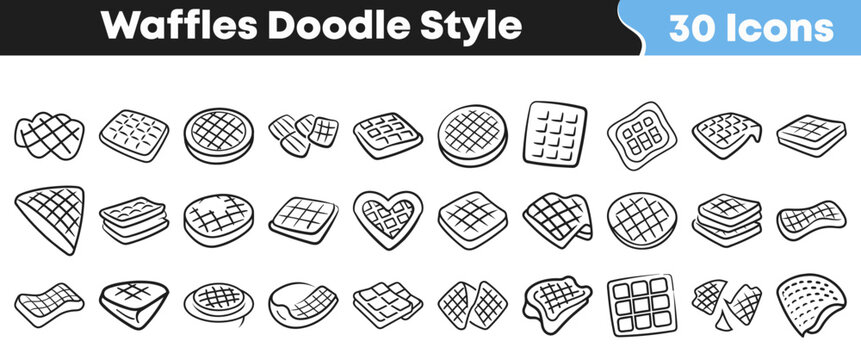 Set of thirty hand drawn waffle icons featuring various shapes and textures for food design and creative culinary project menus