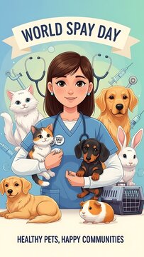 Veterinarian with animals celebrates world spay day promoting pet health