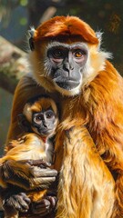 Obraz premium A heartwarming scene of a monkey tenderly holding its baby in a natural setting